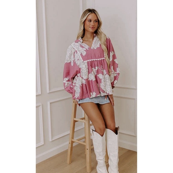 Entro Floral V-Neck Top Scalloped Trim Puff Sleeve Pink & White Large - Picture 6 of 15